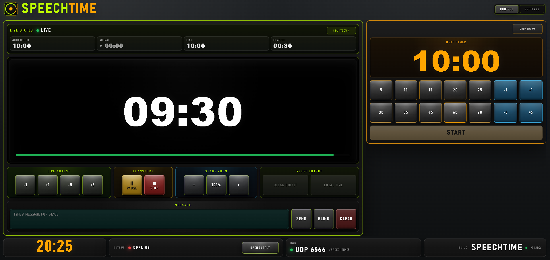 SpeechTime Control showing an active ten-minute countdown, live adjustments and transport controls.