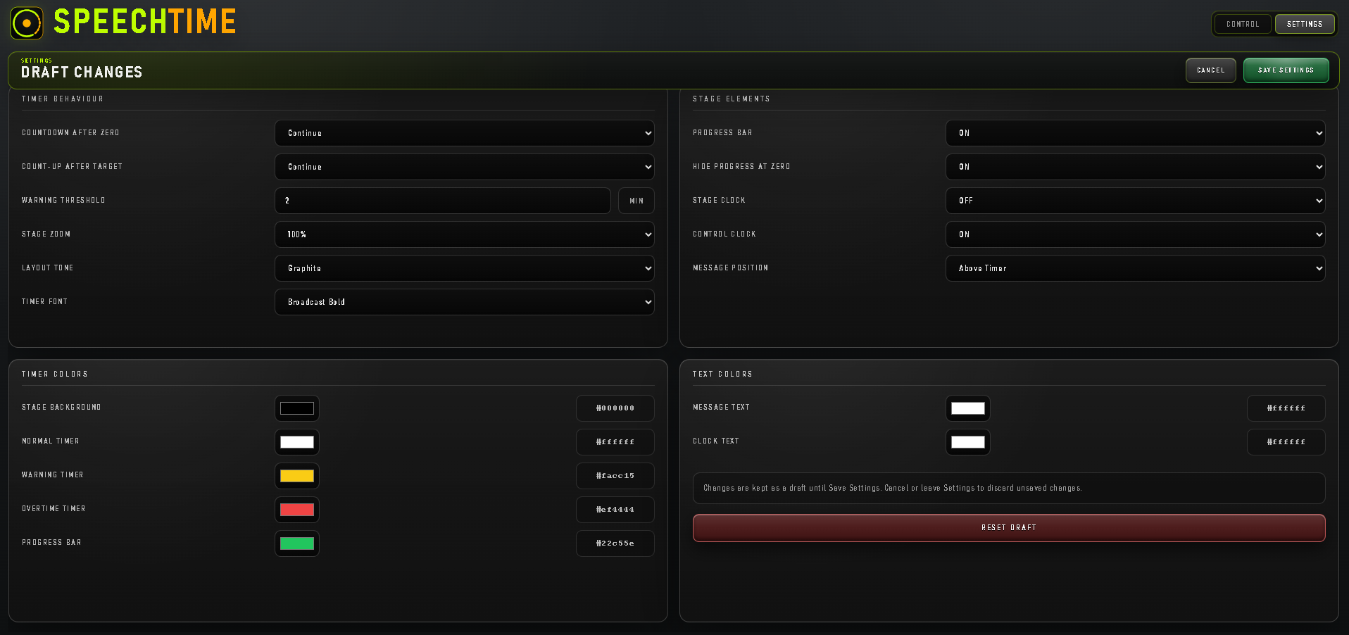 SpeechTime Settings showing timer behaviour, Stage elements and colour configuration.
