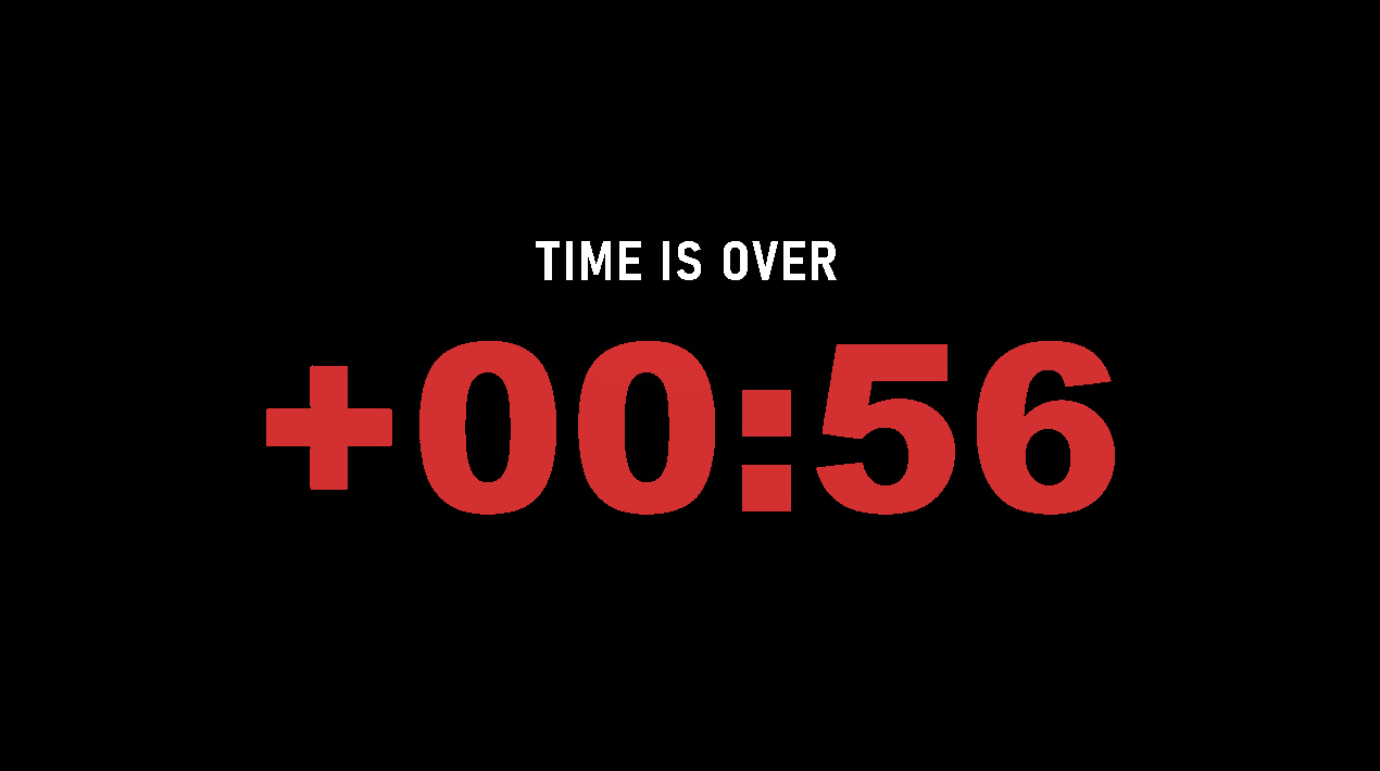 SpeechTime Stage showing a red overtime timer with the message Time is over.