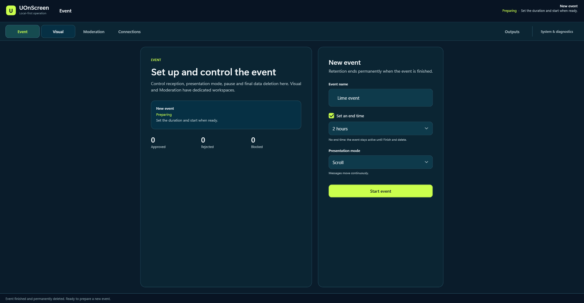 UOnScreen Event workspace showing event name, end-time and presentation-mode controls alongside event status counts.