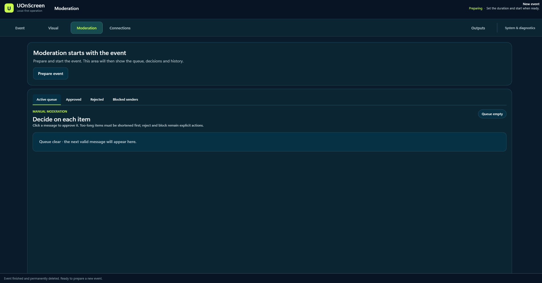 UOnScreen Moderation workspace with tabs for the active queue, approved and rejected messages, and blocked senders.