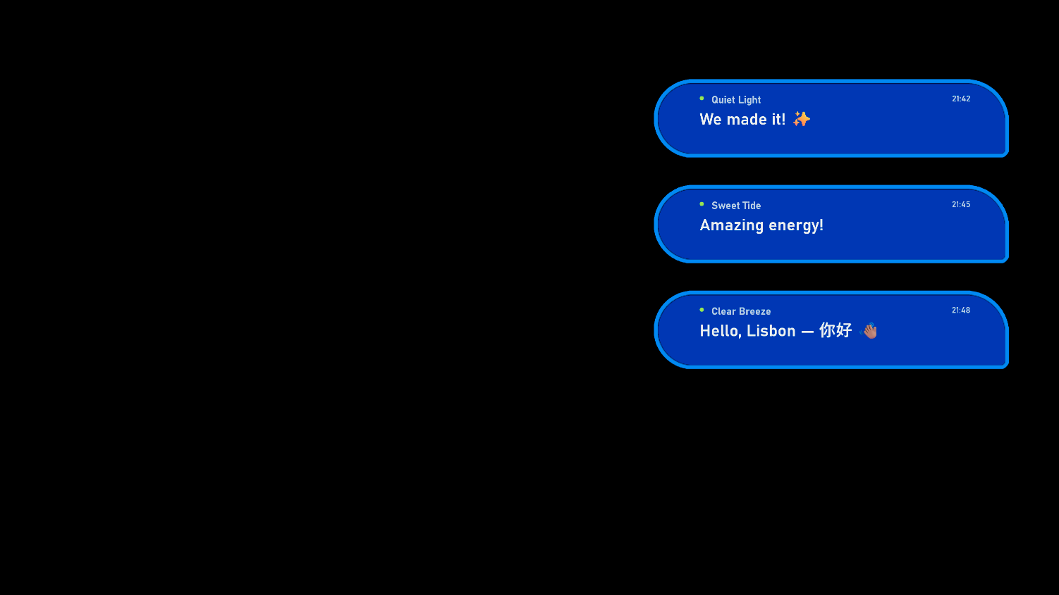 UOnScreen preview with bright blue message bubbles on a black background.