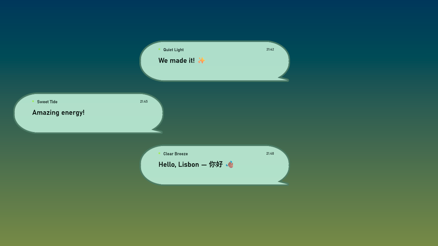 UOnScreen preview with pale green speech bubbles over a dark blue-to-olive gradient background.