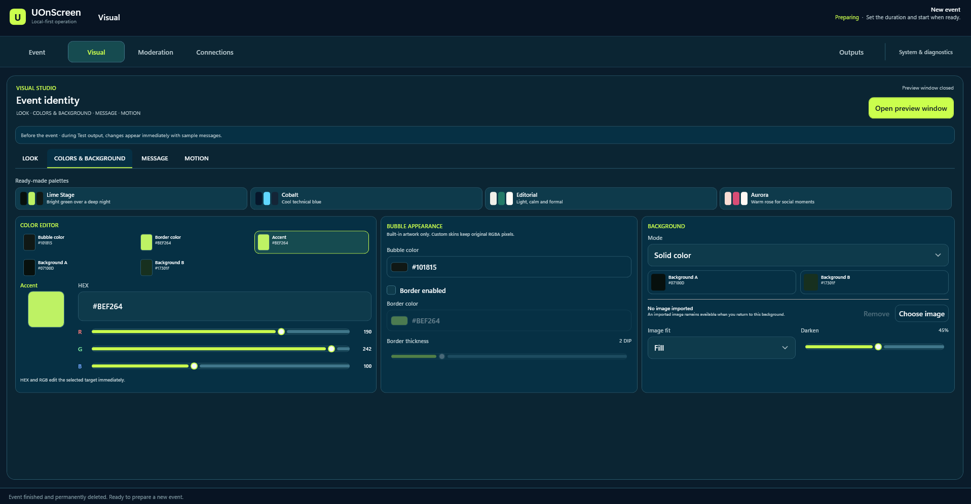 UOnScreen Visual Studio showing ready-made palettes and controls for bubble colours, borders and backgrounds.