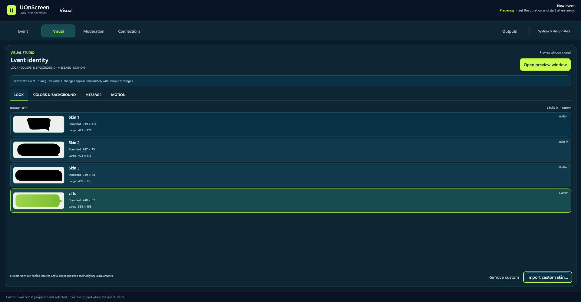 UOnScreen Visual Studio listing built-in and custom bubble skins in standard and large sizes.